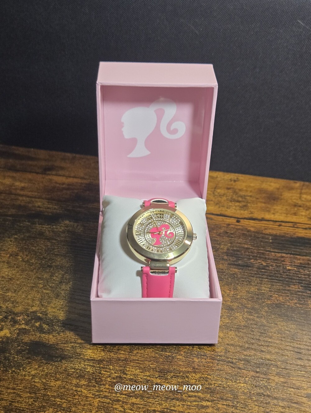 NIB Barbie Gold Tone Watch Pink Strap Crystal Rhinestone Dial